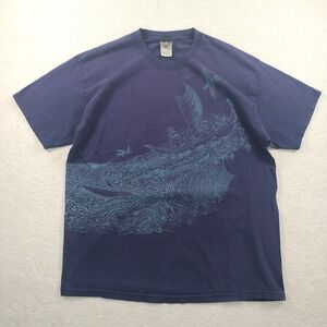 Vtg Eddy Y Skeleton Outrigger Canoe AOP Tshirt Men's L Blue Faded Surf Grunge 🔥